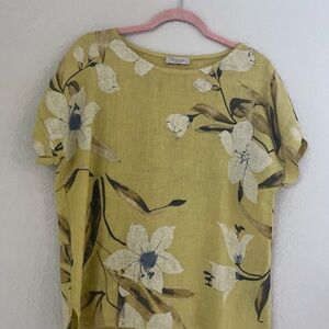 Bellambia Floal Italy Linen Top Lagenlook Dolman Yellow Women's Size S